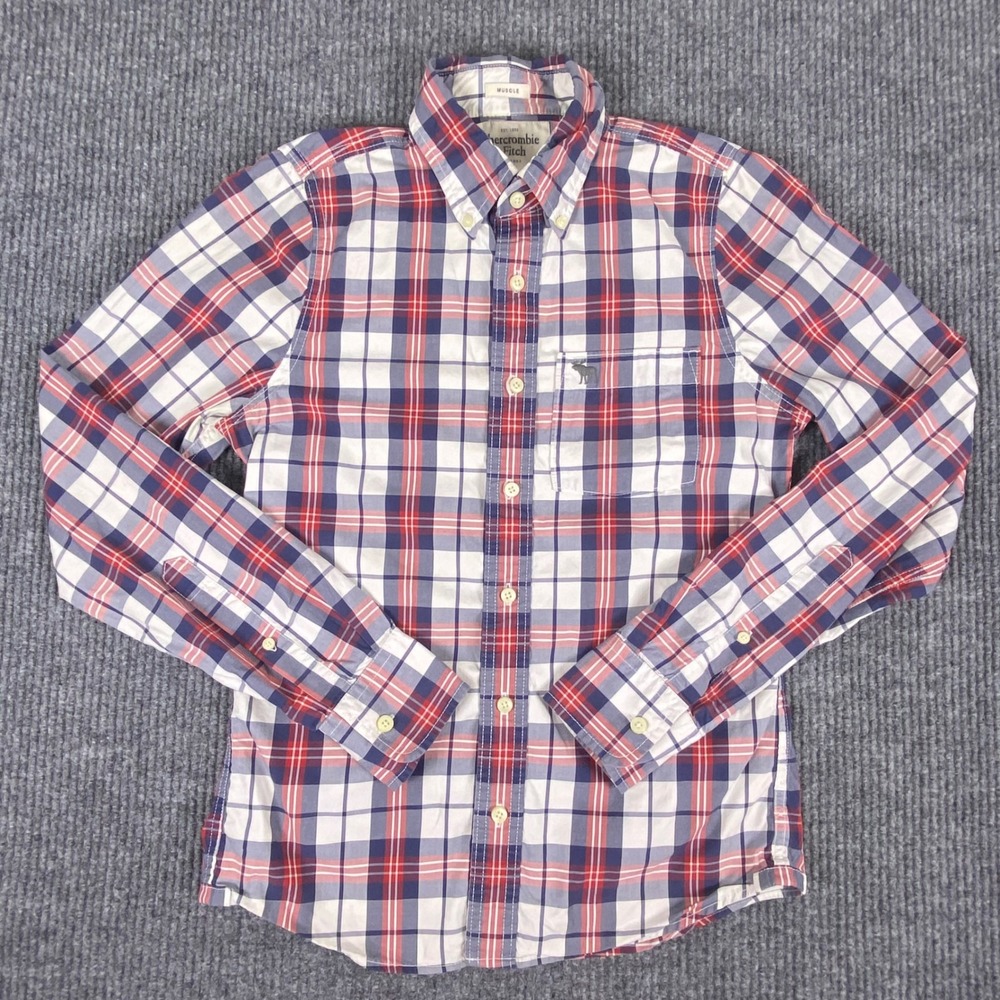 Abercrombie & Fitch Plaid Button Up Mens Small Red Blue Muscle Fit Preppy